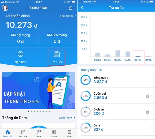 cach xem lich su tru tien mobifone